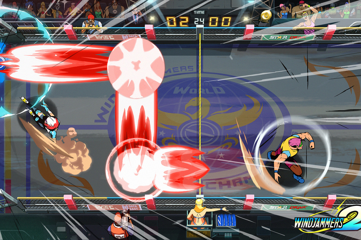 the playing area of Windjammers 2, showing a player’s ultimate throw changing directions on their opponent
