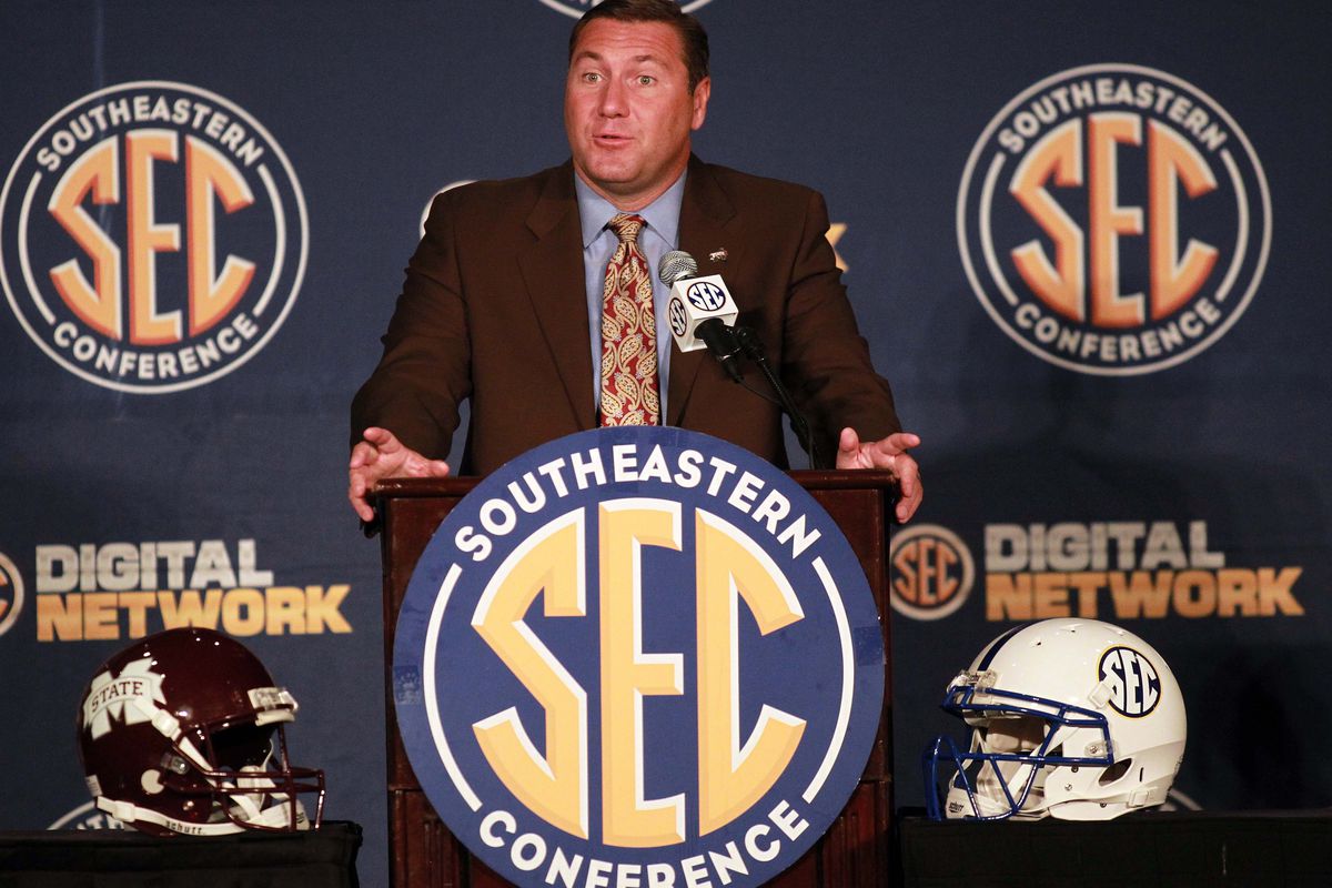 July 18, 2012; Hoover, AL, USA;  Mississippi State Bulldogs head coach Dan Mullen speaks during a press conference at the 2012 SEC media days event at the Wynfrey Hotel.   Mandatory Credit: Marvin Gentry-US PRESSWIRE