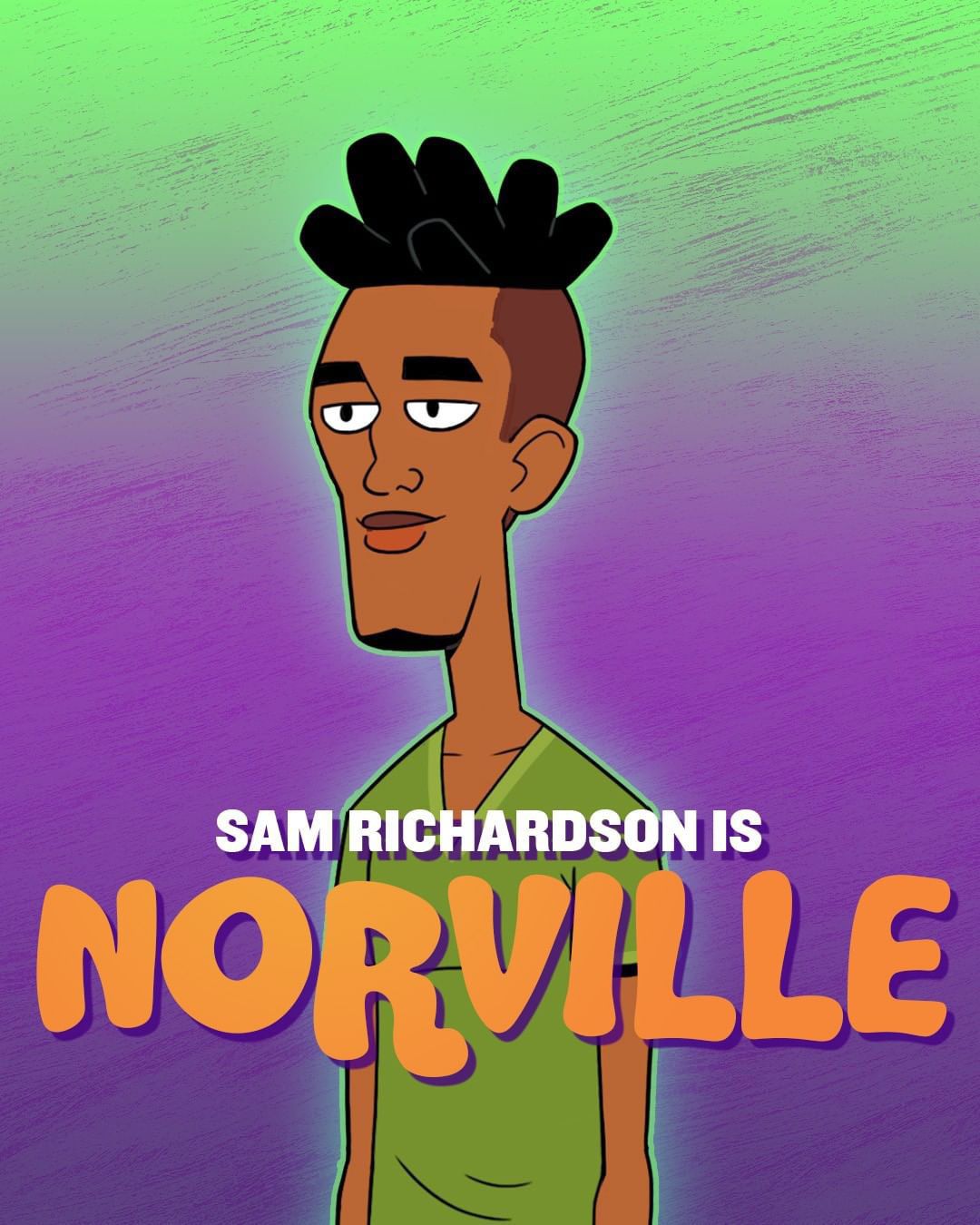 Norville aka Shaggy, a black man with spiky hair and a wimp of soul, dressed in a green shirt 