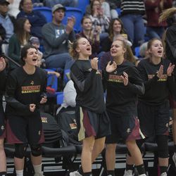 Vikings cheer during the East Leopards' 66-56 victory over the Viewmont Vikings in the Class 5A state quarterfinals at Salt Lake Community College in Salt Lake City on Wednesday, Feb. 21, 2018.