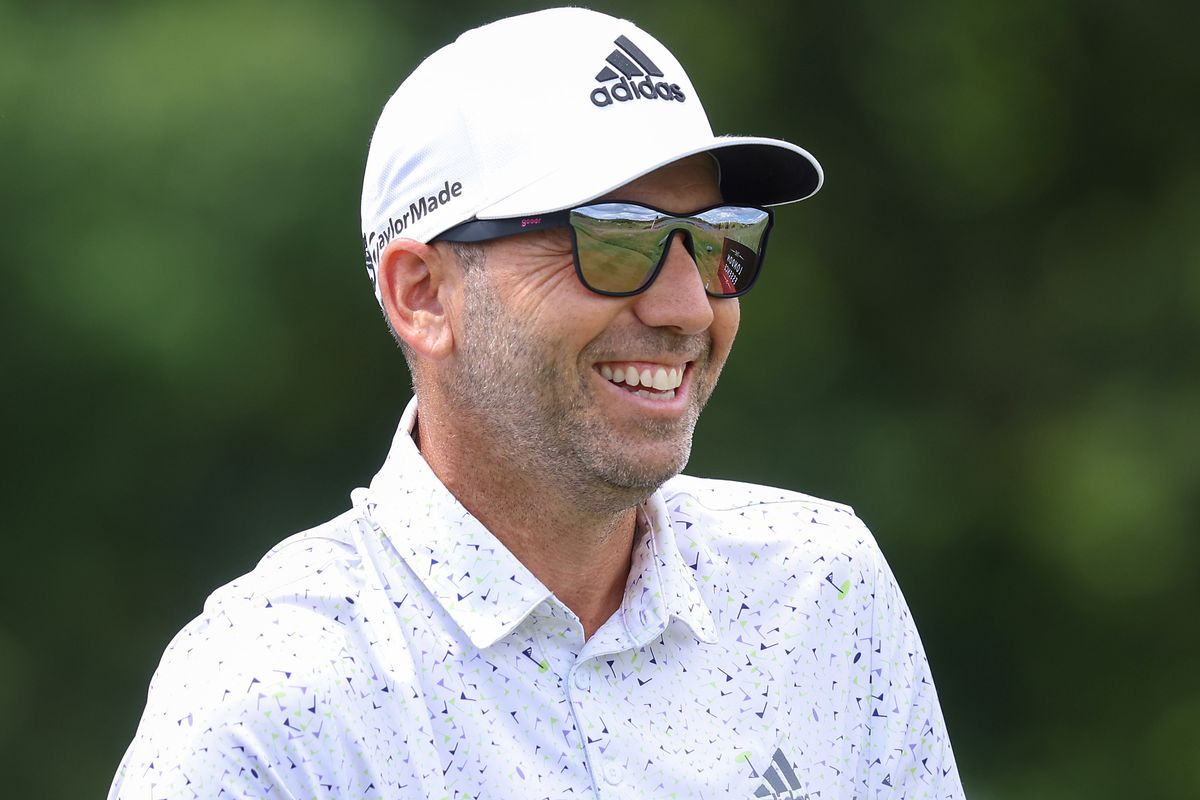 Sergio Garcia of Spain reacts on the 8th tee during the Pro-Am ahead of the LIV Golf Invitational at The Centurion Club on June 08, 2022 in St Albans, England.