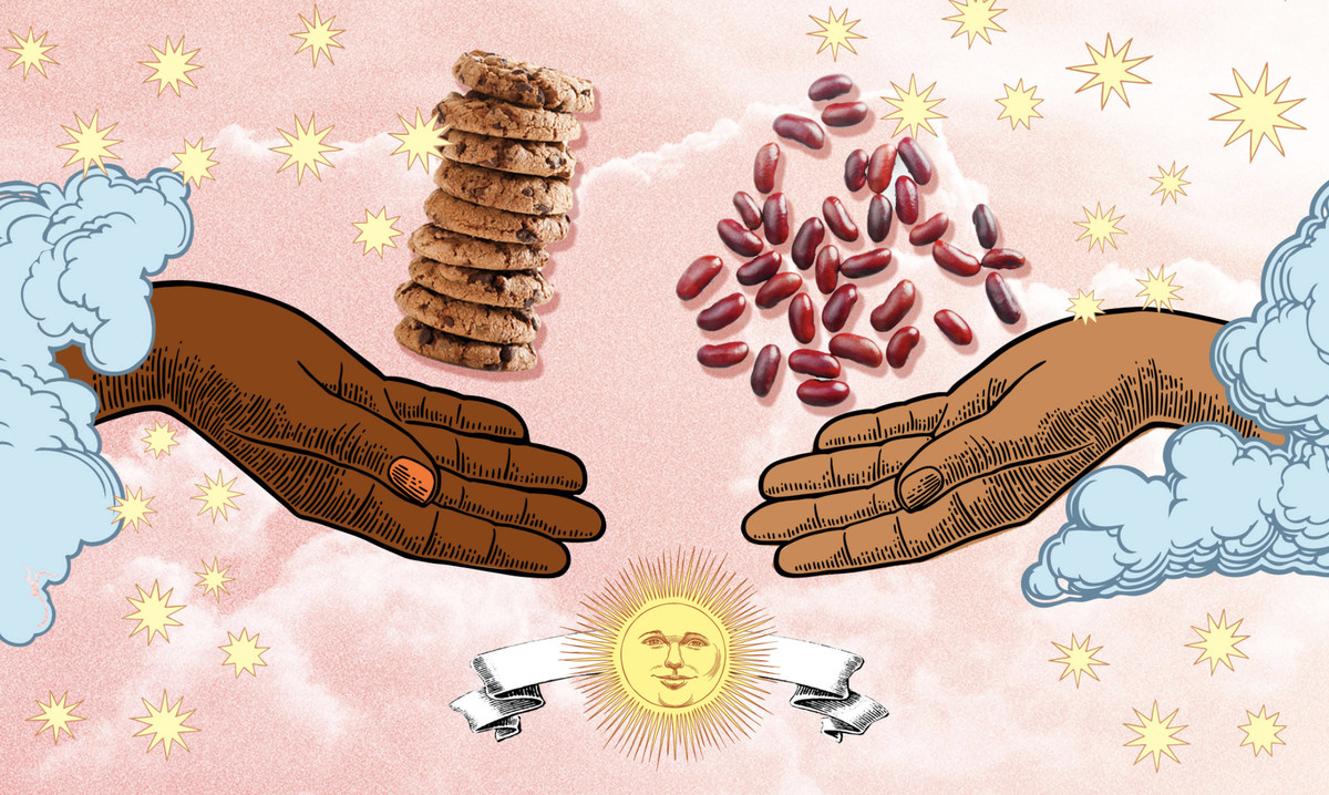 An illustration of two hands exchanging beans and cookies