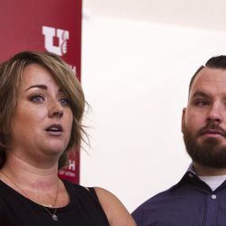 Marki Hinkle, left, and her husband, Patrick, talk about their stillborn baby, Harvi, during a press conference at University Hospital in Salt Lake City on Friday, Aug. 4, 2017. Hinkle had a normal pregnancy and went through 15 hours of labor, but the reason Harvi was stillborn is unknown.