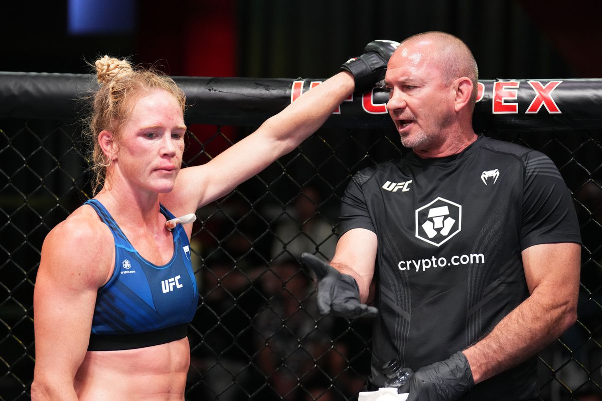 Holly Holm with Mike Winkeljohn after her fight with Ketlen Vieira at UFC Vegas 55.