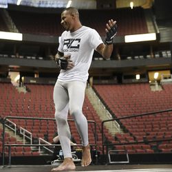 Alex Oliveira breaks out into dance at the UFC on FOX 29 open workouts Wednesday inside Gila Rivera Arena in Glendale, Ariz.
