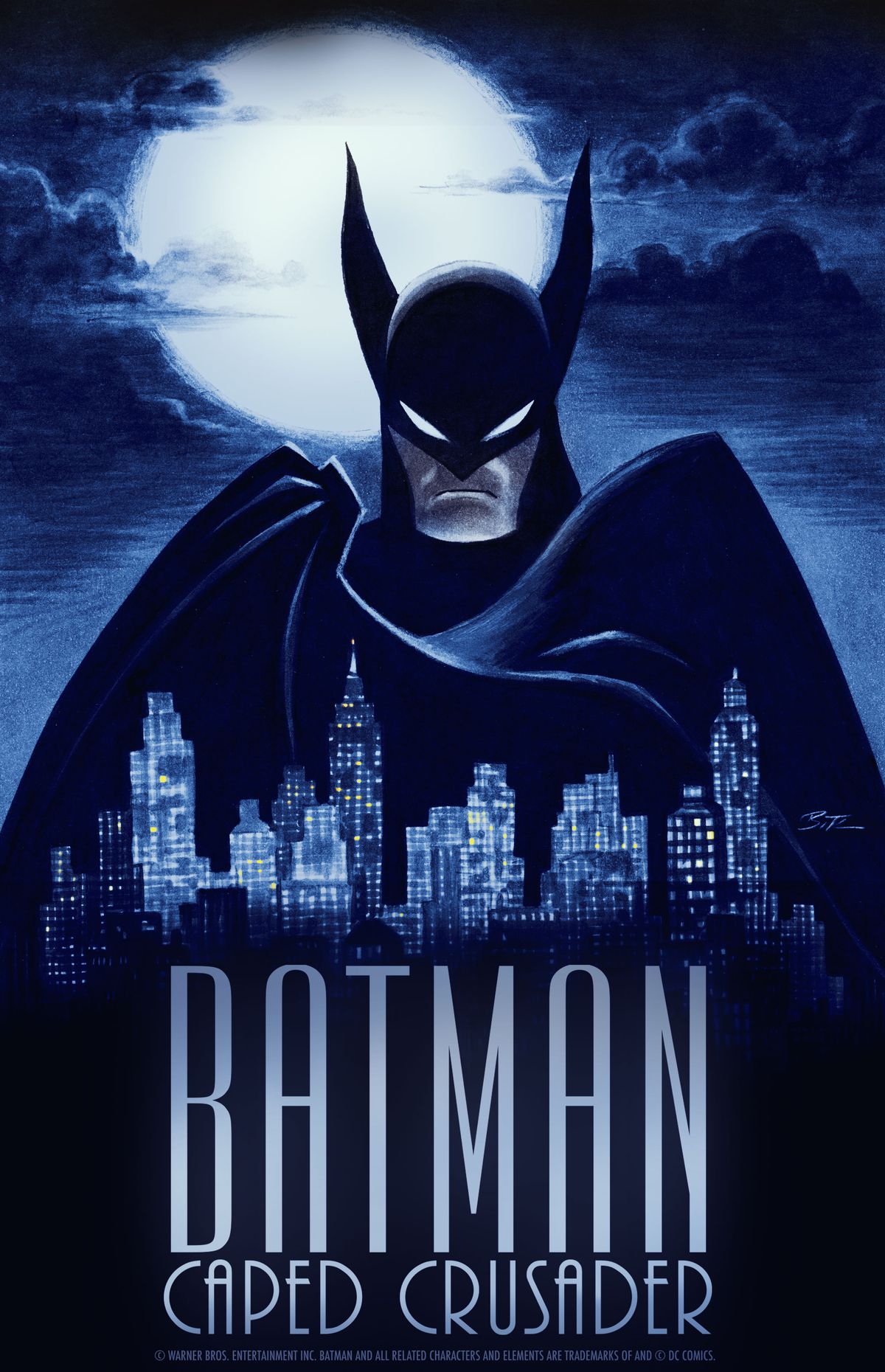 artwork for Batman: Caped Crusader, with a Batman with very tall, pointy ears looming over Gotham City at night with a giant moon behind him