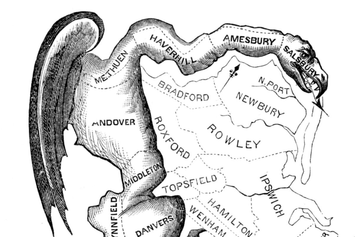 This 1812 political cartoon mocked the “monstrous” shape of a Massachusetts district drawn to help the Democratic-Republicans.