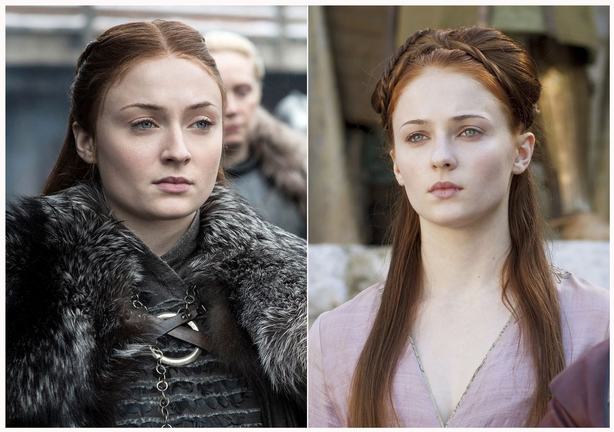 This combination photo of images released by HBO shows Sophie Turner portraying Sansa Stark in “Game of Thrones.” The final season of the popular series premieres on April 14. (HBO via AP)
