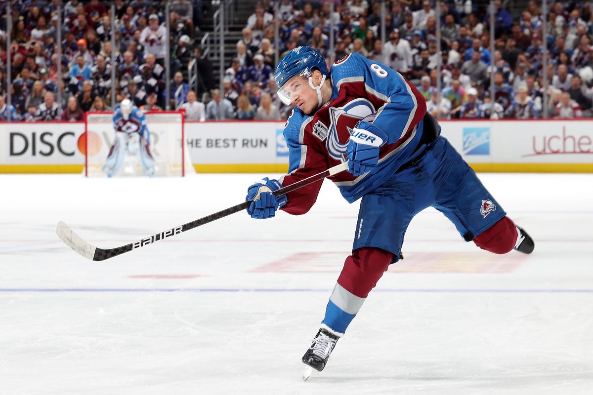 Cale Makar #8 of the Colorado Avalanche takes a shot against the Tampa Bay Lightning in Game Five of the 2022 Stanley Cup Final at Ball Arena on June 24, 2022 in Denver, Colorado.