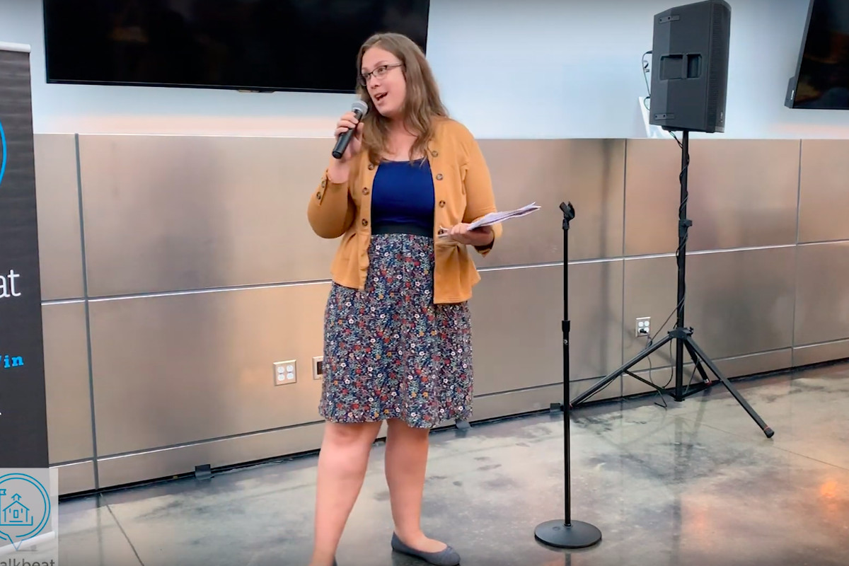 Makayla Imrie, a teacher at Howe High School in Indianapolis, shared her story of surviving her first year of teaching at a story slam hosted by Teachers Lounge Indy and Chalkbeat Indiana at IUPUI on Sept. 26, 2019.