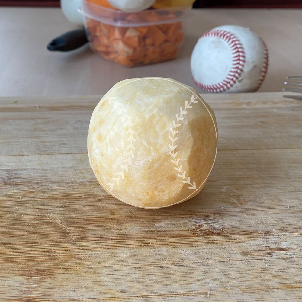 a rutabaga carved into a baseball