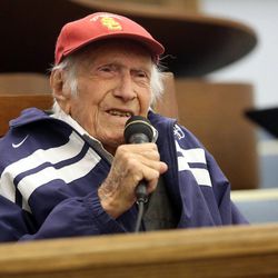 Louis Zamperini, the man Laura Hillenbrand wrote about in her book "Unbroken," speaks at the Sandy Northridge LDS church in Sandy on Saturday, Oct. 19, 2013.