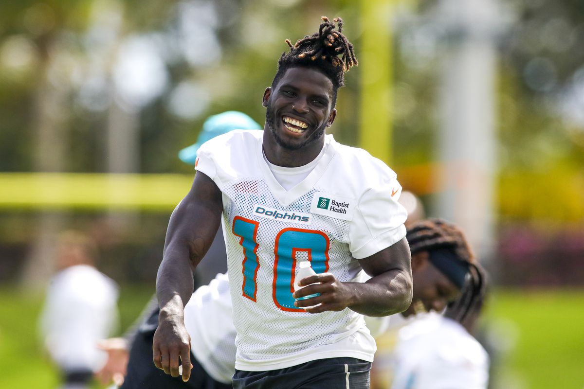 Miami Dolphins wide receiver Tyreek Hill (10) reacts from the field during minicamp at Baptist Health Training Complex.&nbsp;