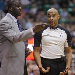 Utah's Head Coach Tyrone Corbin argues with a referee as the Jazz and the Denver Nuggets play Wednesday, April 3, 2013 in Salt Lake City at EnergySolutions Arena. Denver beat the Jazz 113-96.