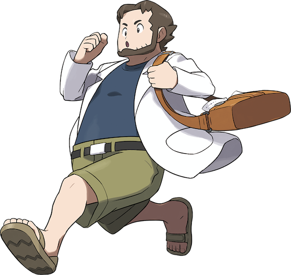 Profesor Birch, un hombre con pantalones cargo y camiseta azul, corriendo hacia la izquierda.