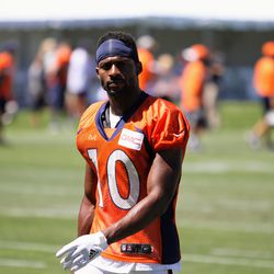 Emmanuel Sanders on the field for the first day of Denver Broncos training camp.