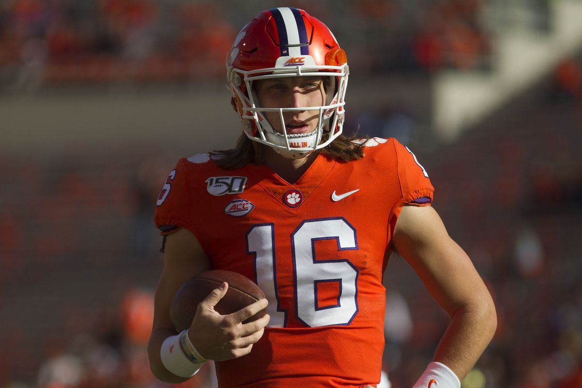 Clemson Tigers quarterback Trevor Lawrence warms up before a game against the Wake Forest Demon Deacons at Clemson Memorial Stadium.