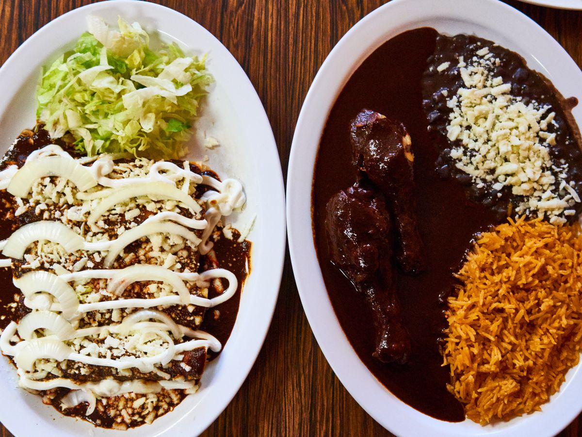 Two plates bearing enchiladas, mole in chicken sauce, rice, beans, and salad.