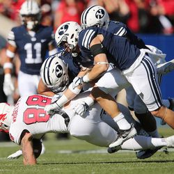 The Brigham Young Cougars defense tackle Southern Utah Thunderbirds tight end Steven Wroblewski (88)  in Provo on Saturday, Nov. 12, 2016.