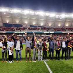 Members of the 2009 MLS Cup Champions Real Salt Lake team wave to the crowd as RSL and the LA Galaxy prepare to play at Rio Tinto Stadium in Sandy on Wednesday, Sept. 25, 2019. LA won 2-1.