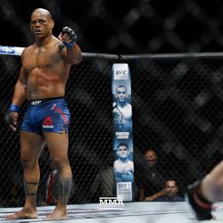 Hector Lombard points at CB Dollaway at UFC 222.