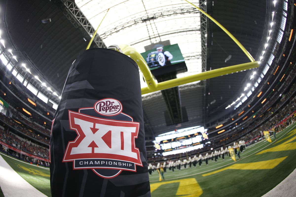 Detail view of Big 12 logo as the Baylor Bears band plays on the field before Baylor plays the Oklahoma Sooners in the Big 12 Football Championship at AT&amp;T Stadium on December 7, 2019 in Arlington, Texas.
