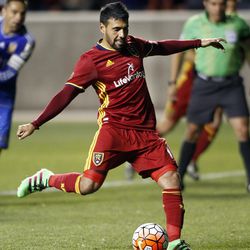 Real Salt Lake's Javier Morales attempts a penalty kick in the second leg of a CONCACAF Champions League quarterfinals match against the Mexican club Tigres of Monterrey at Rio Tinto Stadium in Sandy, Wednesday, March 2, 2016. Tigres won 3-1 on aggregate.