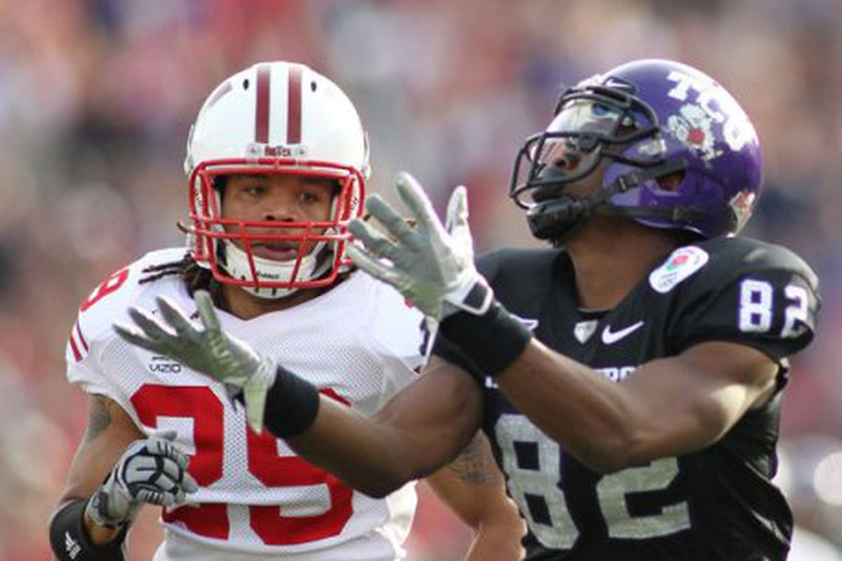 TCU's Josh Boyce hauls in a pass behind the Wisconsin defense. The catch led to a touchdown in the Horned Frogs' 21-19 Rose Bowl win.

<em>(Paul Moseley photo via the Sacramento Bee)</em>
