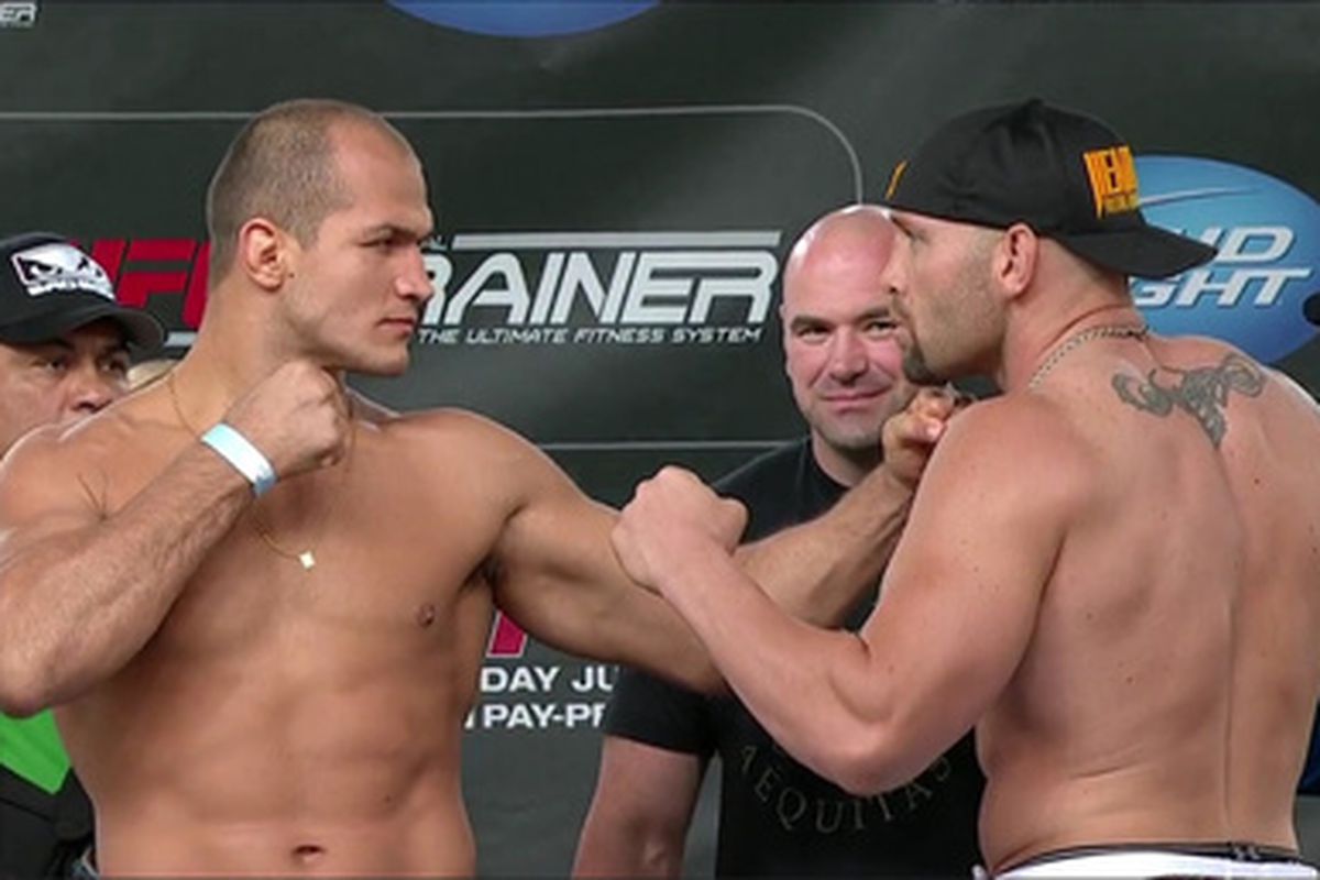 Shane Carwin and Junior dos Santos stare each other down during UFC 131's weigh-ins. The two heavyweights will face each other June 11th in Vancouver, Canada to determine next challenger for the heavyweight title.