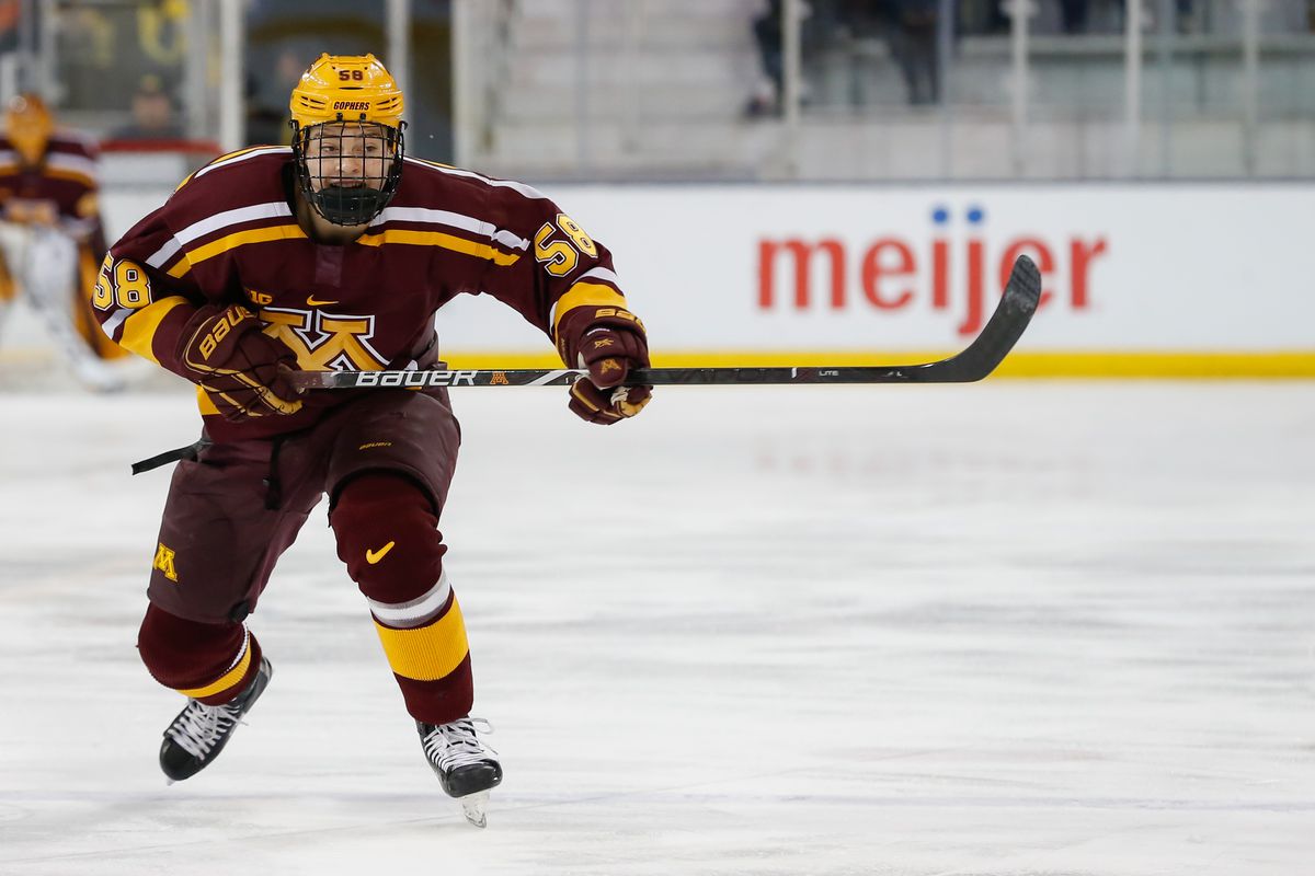 Minnesota Golden Gophers forward Sampo Ranta (58) chases after the puck during a regular season Big 10 Conference hockey game between the Minnesota Golden Gophers and Michigan Wolverines on December 8, 2018 at Yost Ice Arena in Ann Arbor, Michigan.