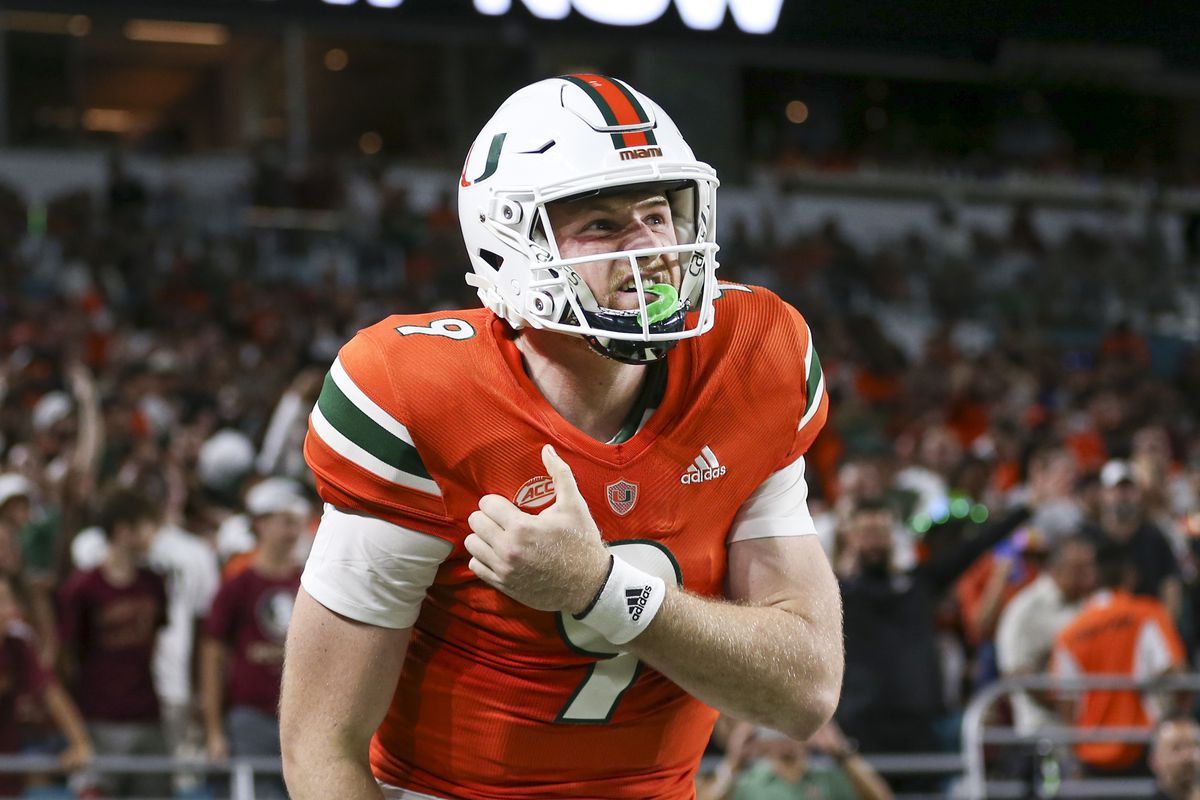 Miami Hurricanes quarterback Tyler Van Dyke reacts after throwing the football during the second quarter against the Florida State Seminoles at Hard Rock Stadium.