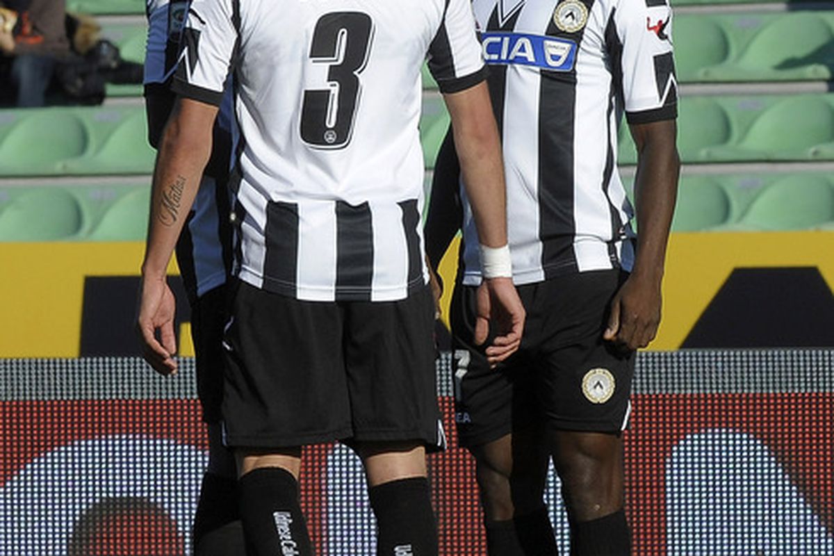 UDINE, ITALY - JANUARY 08:  Kwadwo Asamoah of Udinese celebrates after scoring his second goal during the Serie A match between Udinese Calcio and AC Cesena at Stadio Friuli on January 8, 2012 in Udine, Italy.  (Photo by Dino Panato/Getty Images)