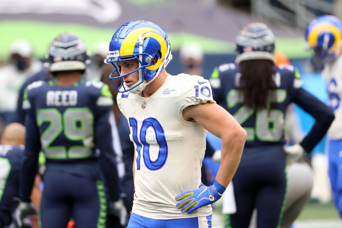 Cooper Kupp #10 of the Los Angeles Rams reacts in the first quarter against the Seattle Seahawks during the NFC Wild Card Playoff game at Lumen Field on January 09, 2021 in Seattle, Washington.
