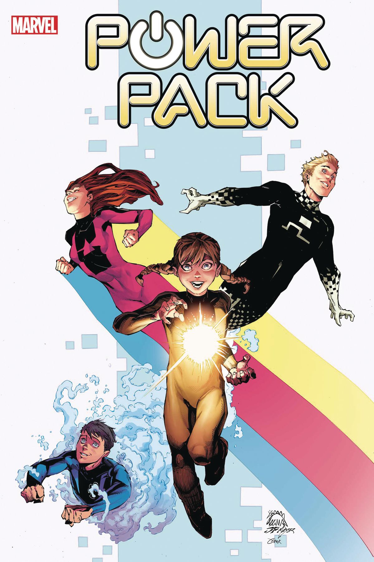 Katie, Julie, Jack and Alex Power on the cover of Power Pack #1, Marvel Comics (2020). 
