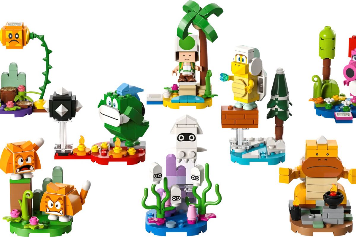An image of a set of Mario characters made from Lego on a white background. There are Goombas, a green Toad, Hammer Bro, Birdo, Blooper, Spike, and few other grunts.