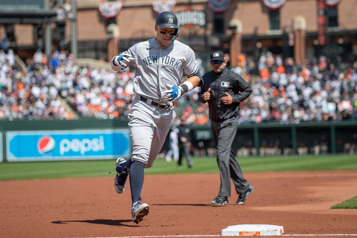 New York Yankees right fielder Aaron Judge jogs around the bases after hitting a home run during the New York Yankees versus Baltimore Orioles MLB game at Oriole Park at Camden Yards on April 9, 2023, in Baltimore, MD.
