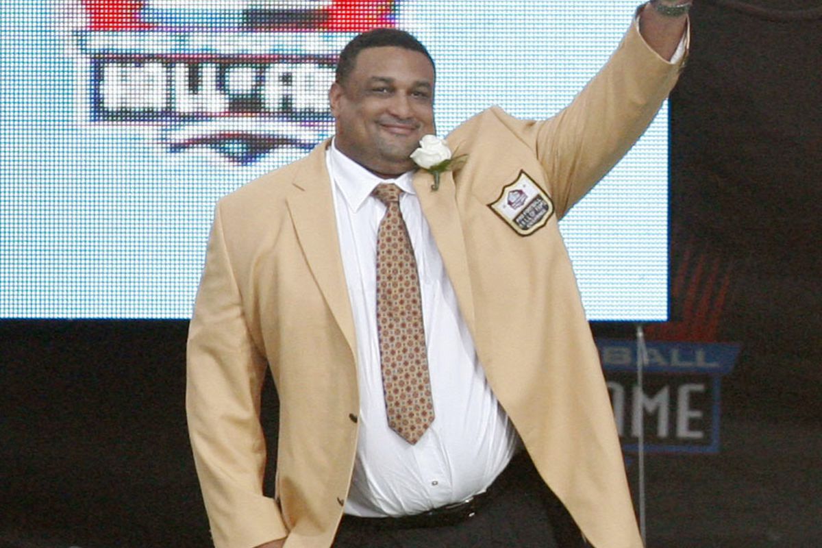 August 4, 2012; Pittsburgh, PA, USA; Willie Roaf gestures to the crowd during the 2012  Pro Football Hall of Fame enshrinement ceremonies at Fawcett Stadium. Mandatory Credit: Charles LeClaire-US PRESSWIRE