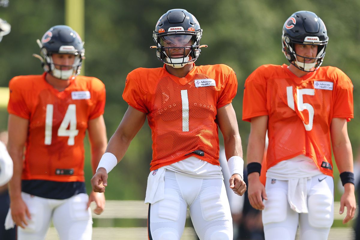 Nathan Peterman #14, Justin Fields #1 and Trevor Siemian #15 of the Chicago Bears look on during training camp at the PNC Center at Halas Hall on August 02, 2022 in Lake Forest, Illinois.