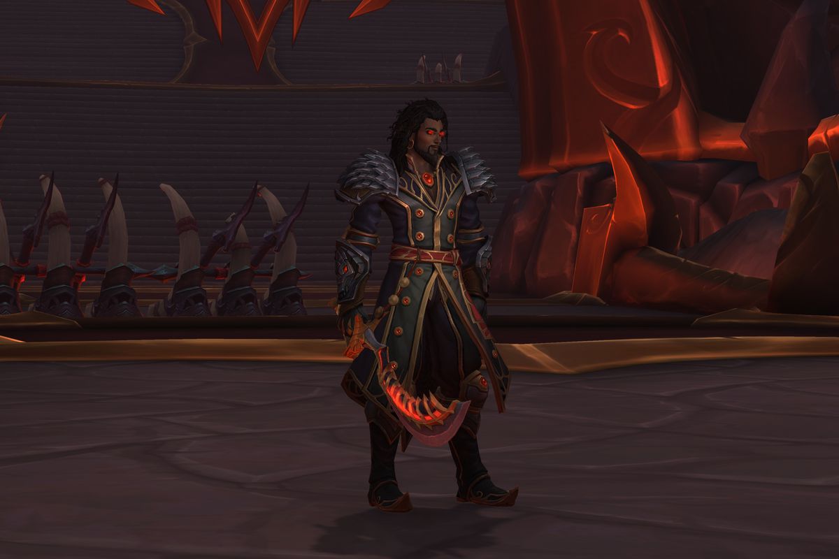 Wrathion, a dragon in the visage of a young man with luxurious hair, an elaborate jacket with black scaled pauldrons, and a curved sword, in World of Warcraft: Dragonflight.