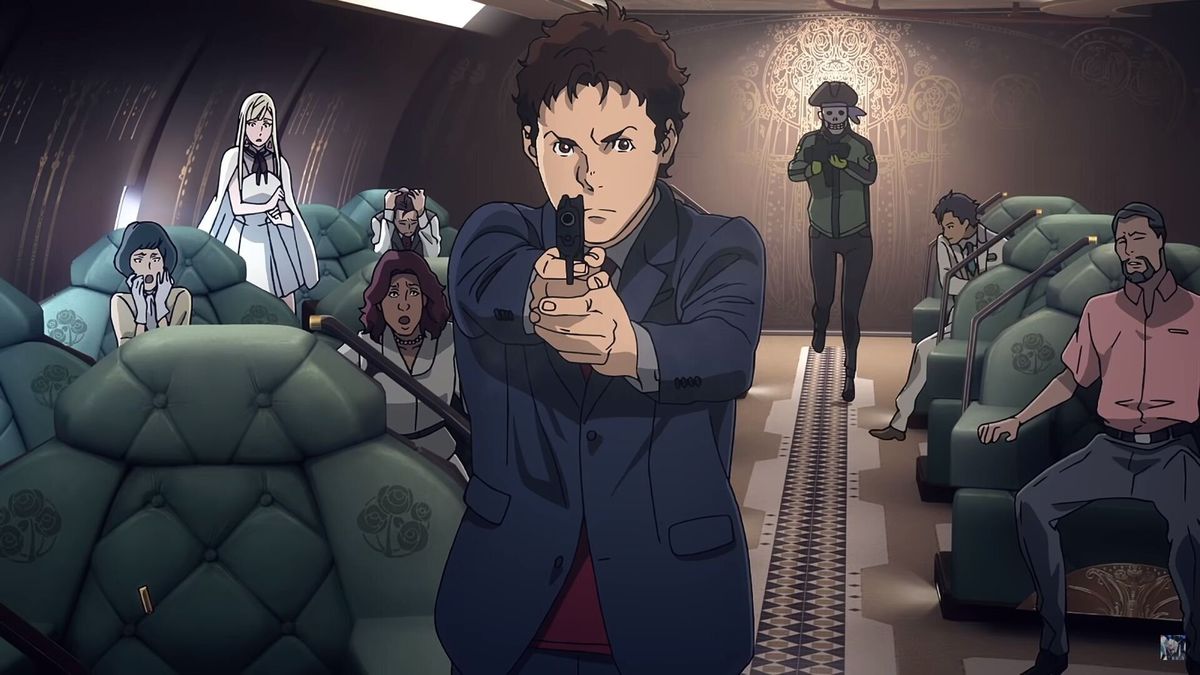 A brown haired anime male in a navy blue suit jacket aims a pistol while terrified passengers hide behind chairs, a gunman wearing a mask seen in the background.