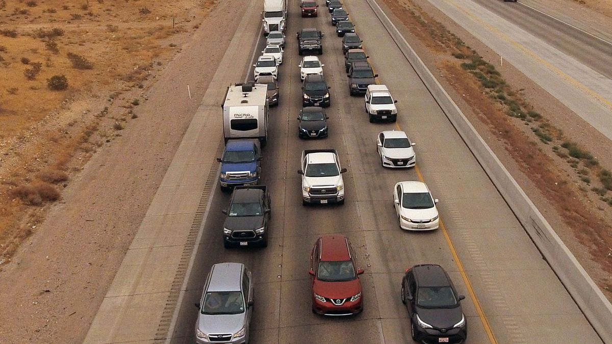 Southbound I-15 traffic builds at Primm, Nev., over the Labor Day weekend in 2020.