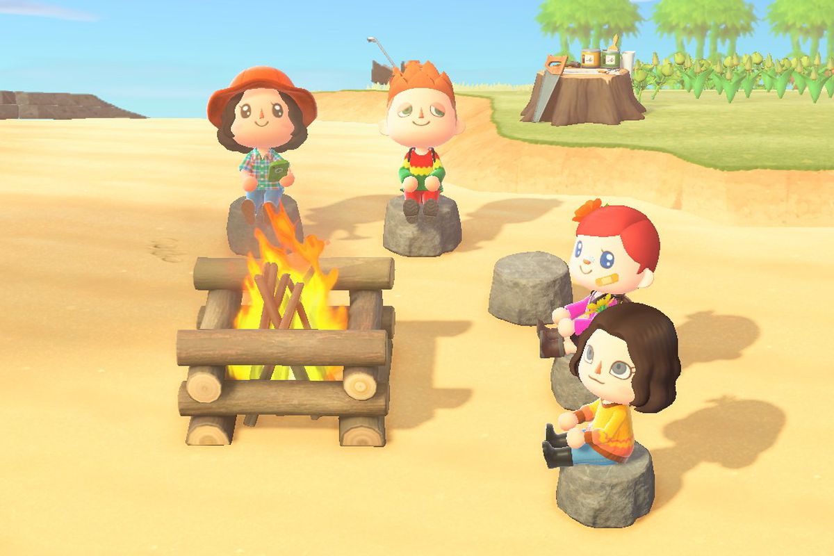 A group of Animal Crossing humans sitting around a campfire