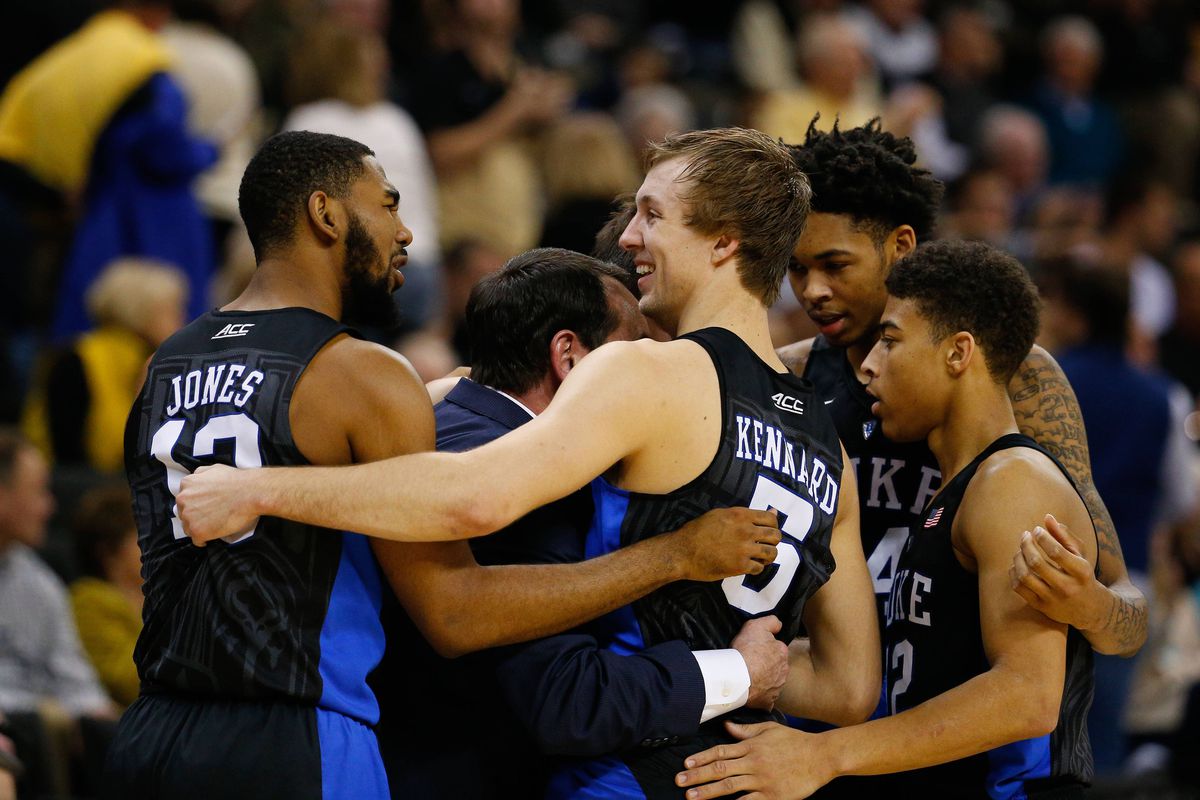 Jan 6, 2016; Winston-Salem, NC, USA; The Duke Blue Devils huddle up with head coach Mike Krzyzewski during the final minute of the game against the Wake Forest Demon Deacons at Lawrence Joel Veterans Memorial Coliseum. Duke defeated Wake Forest 91-75