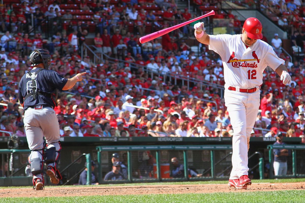 ST. LOUIS, MO - MAY 13: Lance Berkman #12 of the St. Louis Cardinals reacts to striking out against the Atlanta Braves at Busch Stadium on May 13, 2012 in St. Louis, Missouri.  (Photo by Dilip Vishwanat/Getty Images)