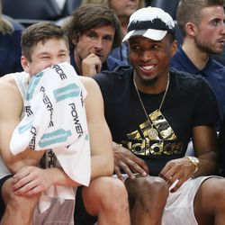 Utah Jazz guard Grayson Allen (24) and Utah Jazz guard Donovan Mitchell laugh in Salt Lake City on Thursday, July 5, 2018.