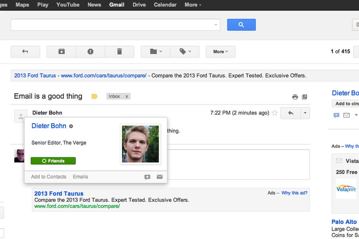 Gmail Google+ Profile Cards