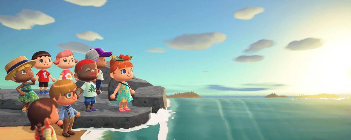 Animal Crossing characters stand at the edge of a cliff and look towards the water ahead of them