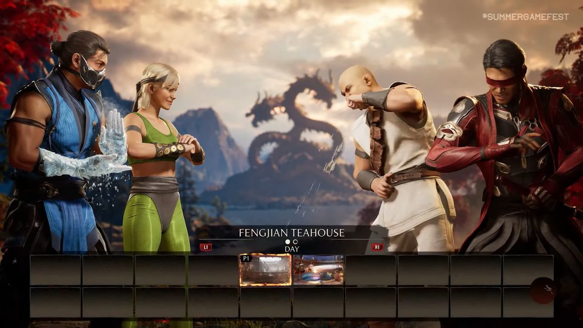 The Mortal Kombat 1 character and level select screen, showing Sub-Zero, Sonya, Kano and Kenshi