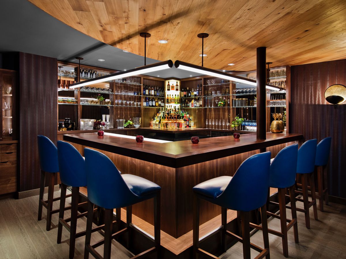 The bar at Uchu with high blue stools
