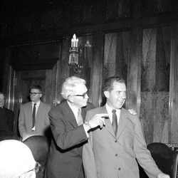 Vice President Richard Nixon visits with LDS Church President David O. McKay at the Church Administration Building on Oct. 10, 1960.